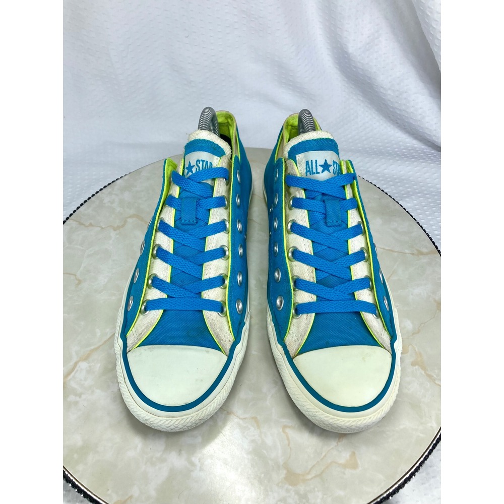 Converse Low Top Double Tongue Shoes Womens Sz 9 Blue Lime Green Canvas Sneakers - Picture 4 of 12